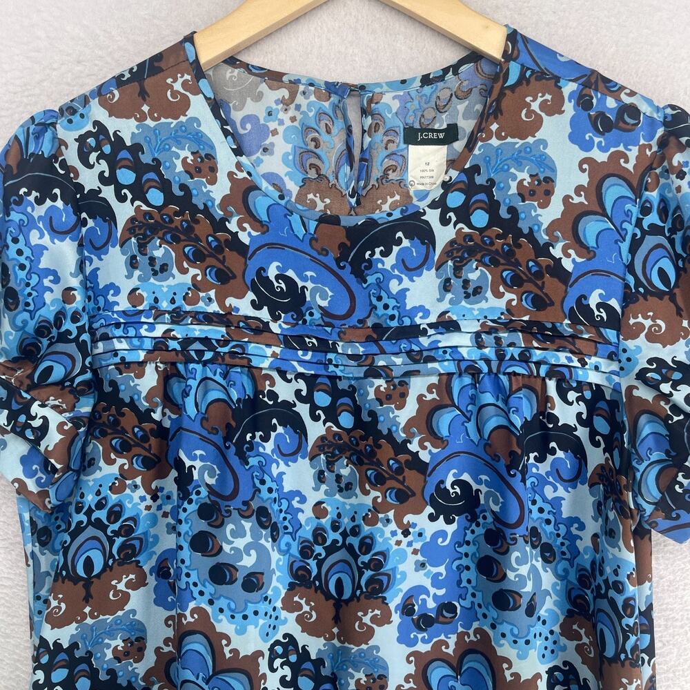 J.CREW Dress 12 Emma Silk Peacock Paisley Print Shift Mini Puff Sleeve Blue - Picture 4 of 12
